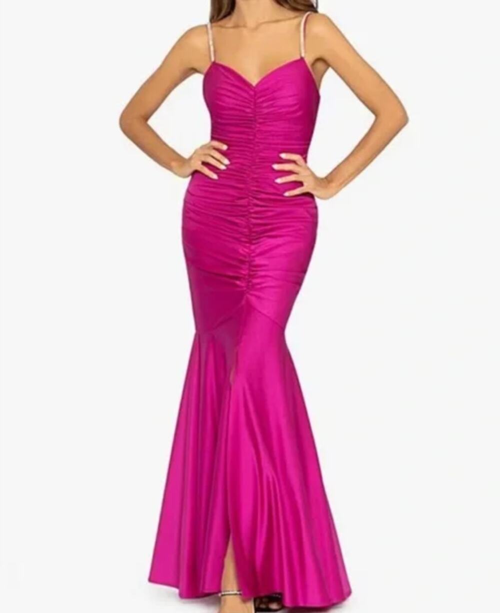 XSCAPE Rhinestone Strap Ruched Seam Sleeveless Gown Pink Formal Stretch US 2 NWT